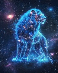 A celestial blue lion radiating cosmic energy, celestial blue lion glowing with astral power, celestial blue lion in a sci-fi futuristic universe