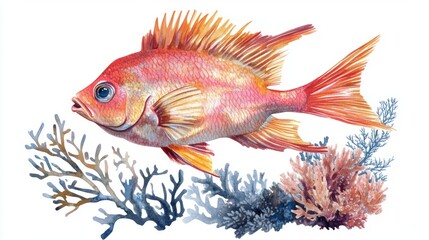 Fototapeta premium Tropical fish swimming near coral in 3D watercolor