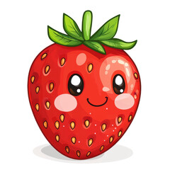 Obraz premium Cute Cartoon Strawberry Character Smiling with Bright Green Leaves