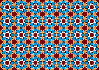 Islamic Geometric Star Pattern: A Symphony of Symmetry and Color, Traditional Arabesque Design in Blue, Gold, and Red, Intricate Mosaic Art with Repeating Motifs
