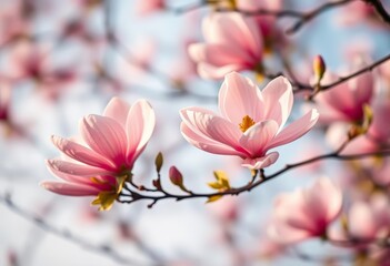 Delicate pink magnolia blossoms, soft focus, ethereal pastel sky, floral, magnolia