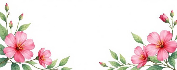Delicate watercolor pink flowers and green leaves border on white background, illustration, floral