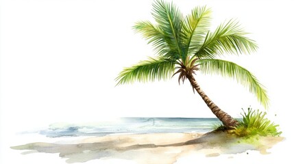Obraz premium Palm tree on sandy beach in clipart style