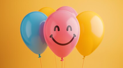 A pink balloon with a smiley face floats in the center of a group of variously-colored balloons. The background is a bright yellow.