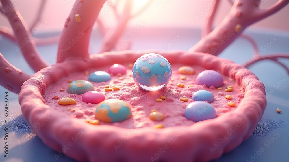 Poster abstract cell structure with a central sphere surrounded by smaller units on pink base