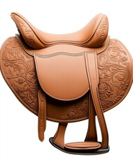 An intricately designed leather saddle, showcasing fine craftsmanship and detailed floral patterns, perfect for equestrian enthusiasts and horse riding experiences.