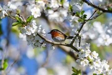 Robin perched among blooming white flowers on a tree branch, spring