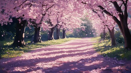 Fototapeta premium Pink Cherry Blossom Path, Spring Stroll, park, soft sunlight