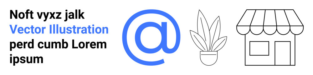 Blue email icon, potted plant, and storefront outline symbolize communication, eco-friendliness, and retail. Ideal for business branding, e-commerce, marketing, service promotion sustainability