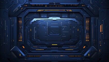 Futuristic dark blue panel with orange accents. Detailed,  high-tech  design
