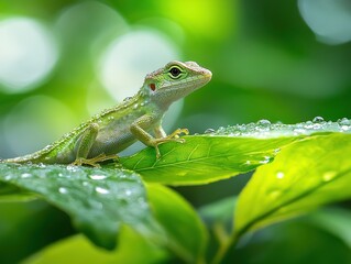  Lizard on green leaf, body vibrant in tropical backdrop, dew clings to leaf edges, sunlight reveals skin veins, macro focus creates intimate detailed scene.