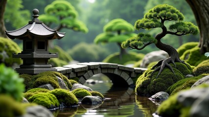 Garden with lantern, stream and bonsai Japanese