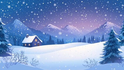 Snowy mountain village at night