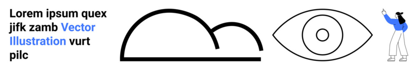 Abstract half-circle and curve, eye symbol, and person pointing at text. Ideal for branding, communication, vision, creativity, design concepts, marketing and a simple landing page