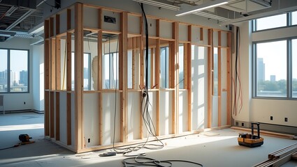 Half-Built Partition Wall in Office Space, Cables Awaiting Power Installations

