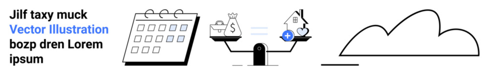 Scales balancing money bag and house symbolize financial decisions. Calendar denotes time planning. Cloud suggests abstract ideas. Ideal for finance, real estate, planning, choices, organization