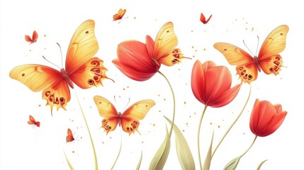 Vibrant butterfly s with swirling wings and tall tulips