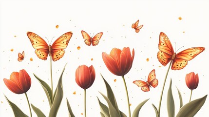 Naklejka premium Vibrant butterfly s with swirling wings and tall tulips