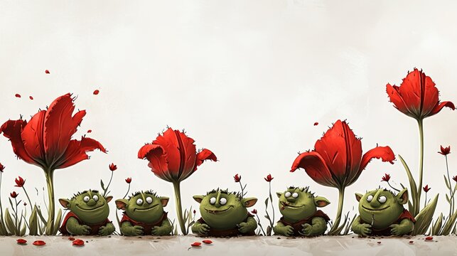 Playful  6 trolls with giant tulips