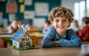 Smiling boy sits at table showing model house. He is feeling happy