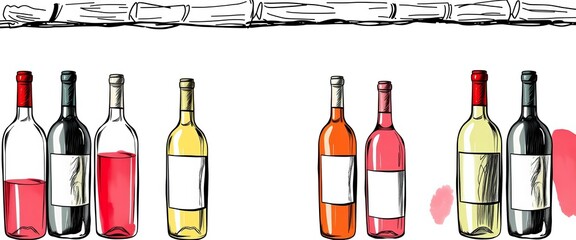 Seamless hand-drawn coal sketch of red & white wine bottles in a winery frame, design, texture