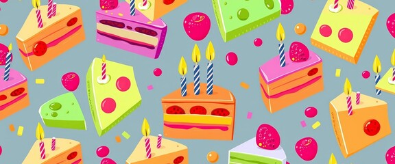 Seamless pattern of colorful birthday cake slices with candles and fruit, pattern, colorful