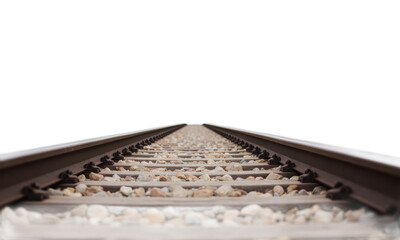 Perspective View of Train Tracks Leading into Distance Surrounded by Gravel in Bright Natural Lighting