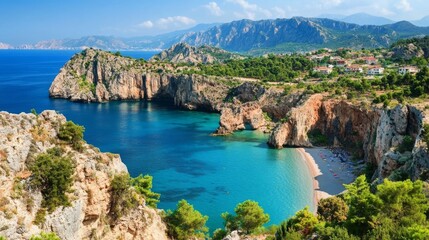 Naklejka premium Turquoise sea and majestic mountains near Antalya, Turkey, creating a stunning coastal landscape. Perfect for travel, adventure, and nature exploration.