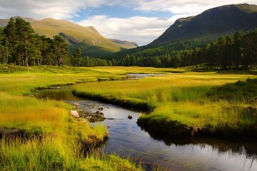 Obraz premium Scenic landscape with winding stream, lush meadow, trees, and mountains