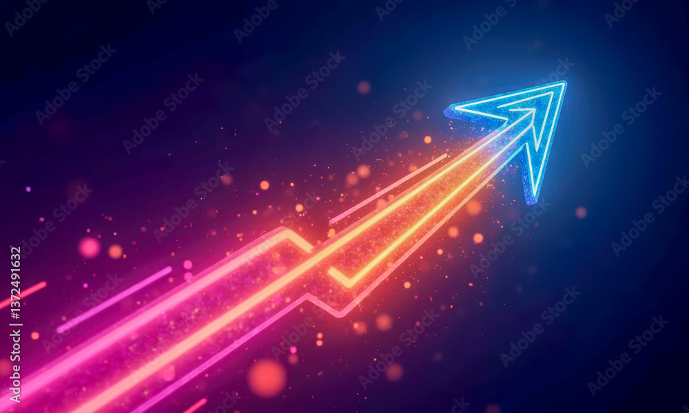 Poster vibrant arrow design with colorful light trails and sparkles in a dark background for dynamic visual