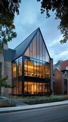 Fototapeta premium Modern architectural structure featuring large windows and visible interior lighting