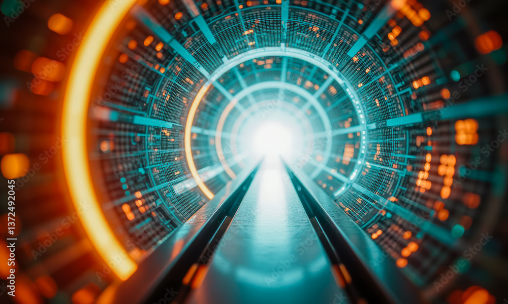 Aufkleber futuristic digital tunnel with glowing neon lights and abstract data visualization elements