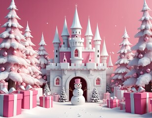 Fototapeta premium Pink Christmas Castle with Snowman and Gifts