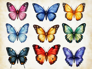 Colorful watercolor butterflies arranged on vintage botanical paper, showcasing vibrant wings and intricate details.