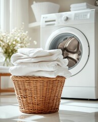 Fresh white laundry in basket next to washing machine