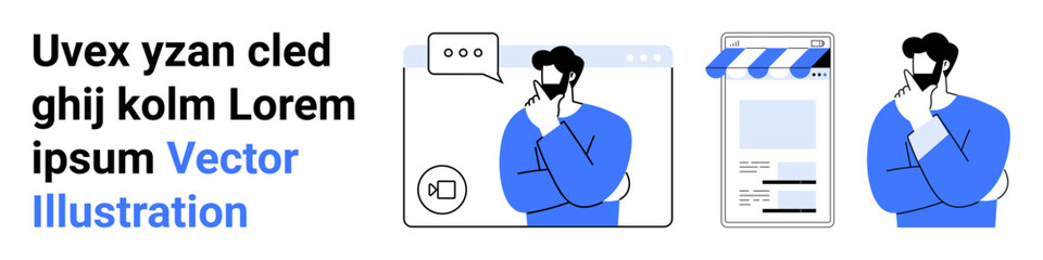 Man contemplating ideas near chat bubble, webpage template, and store design. Ideal for creativity, e-commerce, UXUI, online business, marketing, brainstorming simple landing page