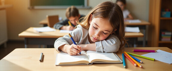 Thoughtful girl writing in notebook at desk in classroom