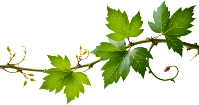 Green Maple Leaves Vine with Buds, Transparent Background.