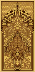Golden Tapestry of Intricate Arabesque, A Symphony of Floral Motifs and Curvilinear Grace, Echoes of Islamic Art in Rich Ochre Hues
