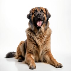 Obraz premium Leonberger Dog Lying Down, Happy Expression, White Background