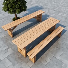 Fototapeta premium Modern Wooden Outdoor Picnic Table and Benches Set on Patio