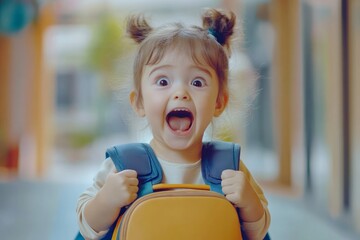 Young child with backpack expressing joy in urban setting during daylight hours