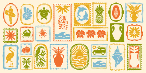 Summer beach tropical travel stamp, vector hand drawn ocean surf print set, coastal postage design. Exotic flowers fruit silhouette, vintage Hawaii island tourism symbol. Travel stamp retro graphic
