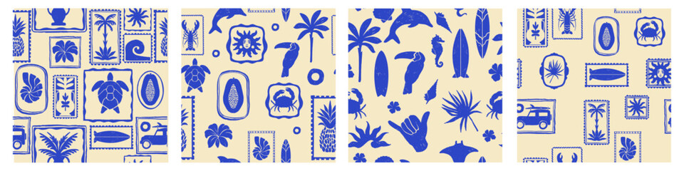 Tropical summer exotic seamless pattern set, vector hand drawn ocean surf vintage print texture. Coastal ethnic nature mosaic background Hawaii island abstract design. Ethnic summer pattern collection © Oleksandra