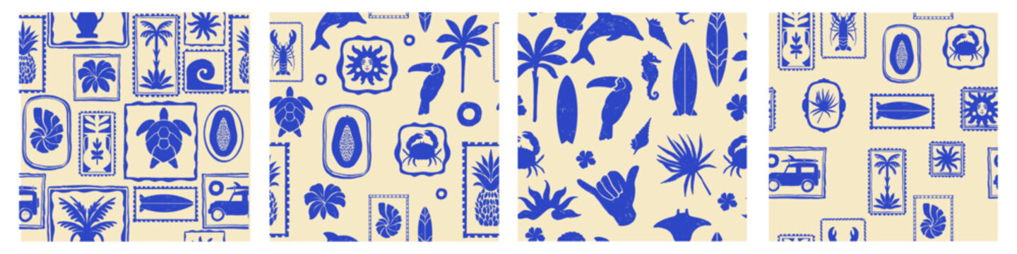 Tropical summer exotic seamless pattern set, vector hand drawn ocean surf vintage print texture. Coastal ethnic nature mosaic background Hawaii island abstract design. Ethnic summer pattern collection