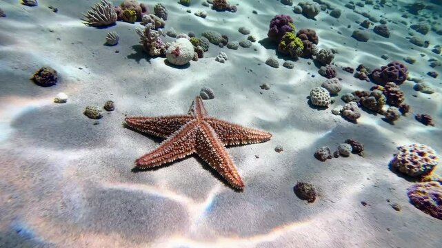 Underwater exploration reveals vibrant coral reef and starfish habitat
