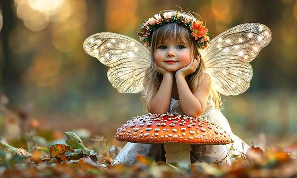 A young girl, fairy wings, autumn forest setting