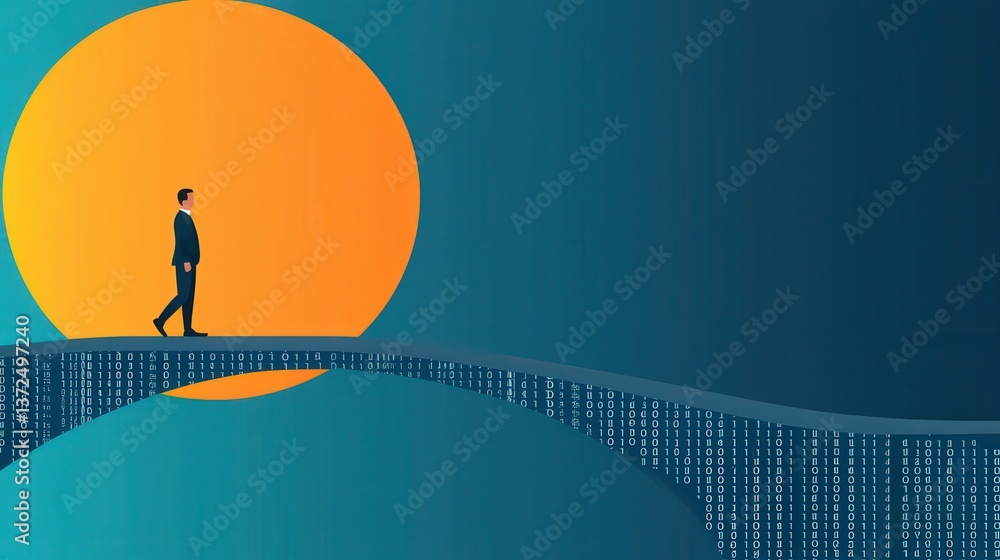 Poster businessperson crossing bridge made of binary code, representing transition to digital economy.