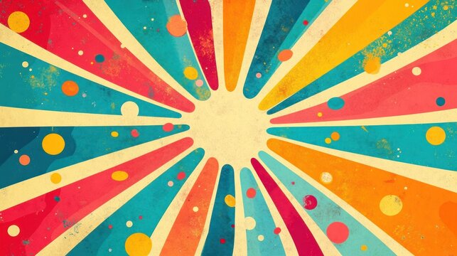 Retro sunburst background with colorful rays and polka dots