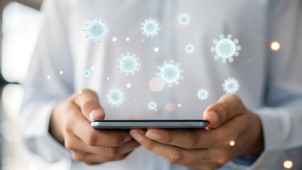 Predictive Analytics Healthcare Digital interaction with health data represented by virus icons emerging from a smartphone.